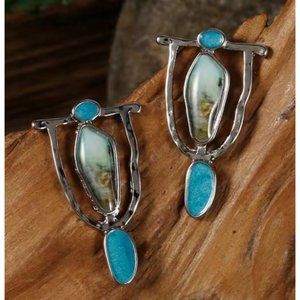 "Kiowa Tribal" Aqua Green Stone Dangle Earrings